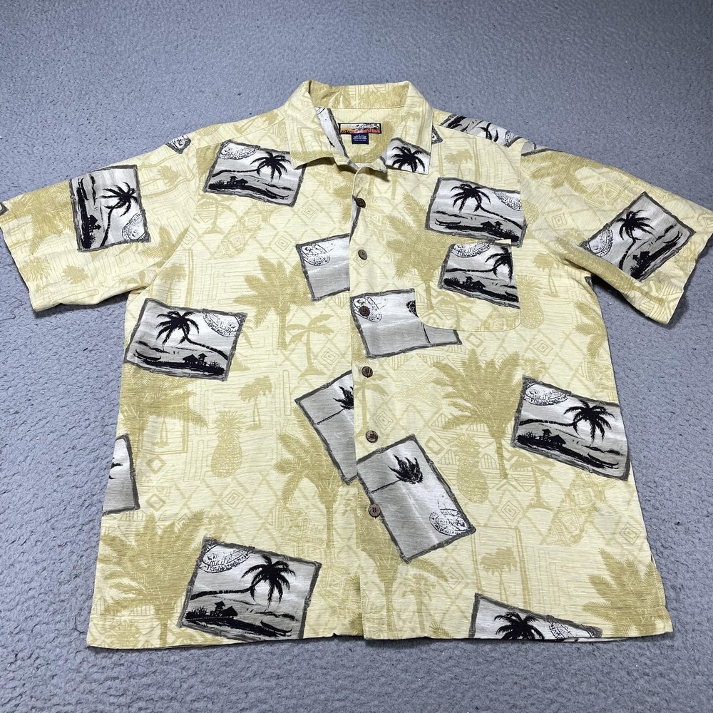 Hawaiian Isles Cafe Shirt Mens‎ XL Beige Silk Hawaiian Aloha Tropical Palm Print